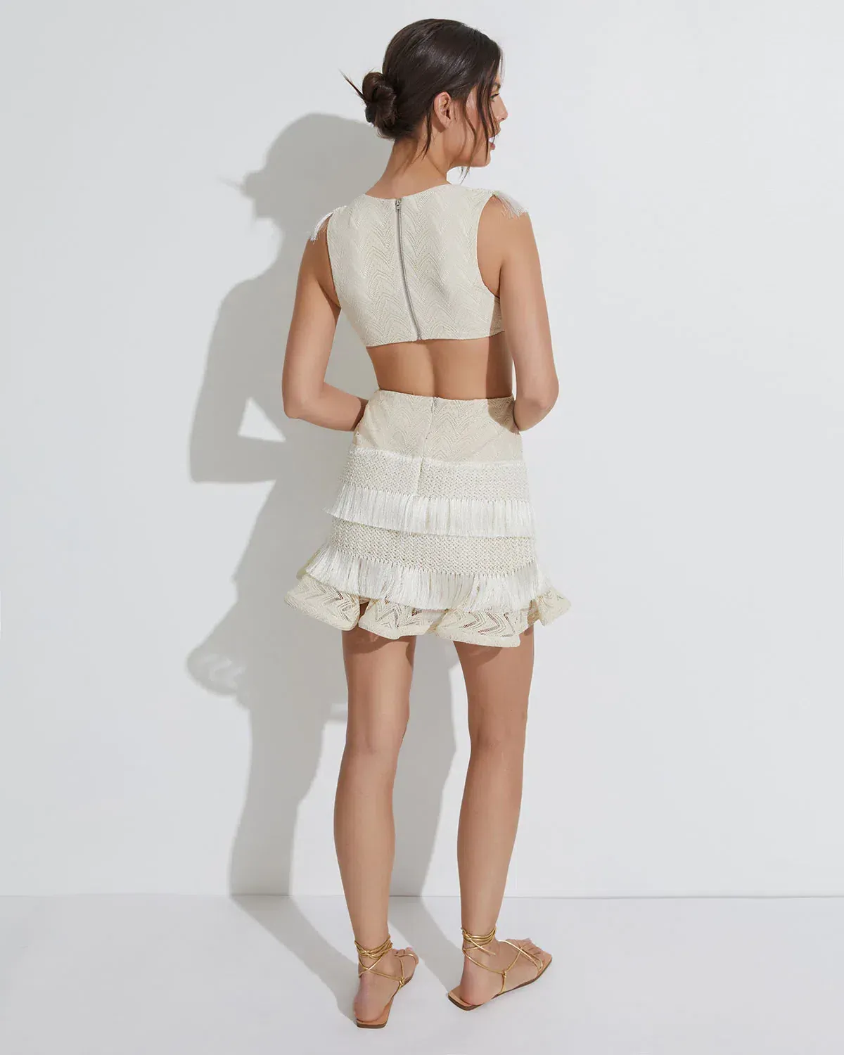 PATBO x Alessandra Plunge Fringe Trim Mini Dress Cream Size 4/ AU 8 - Image 2