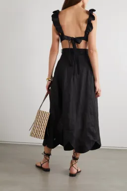 Zimmermann Riders Belted Scalloped Linen Midi Skirt and Bralette Set Black Size 1/AU 10 for rent on The Volte - image 2