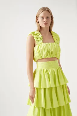 Aje Medina Ruched Cropped Top & Tiered Midi Skirt Set Yellow Size L / Au 12 for rent on The Volte - image 2
