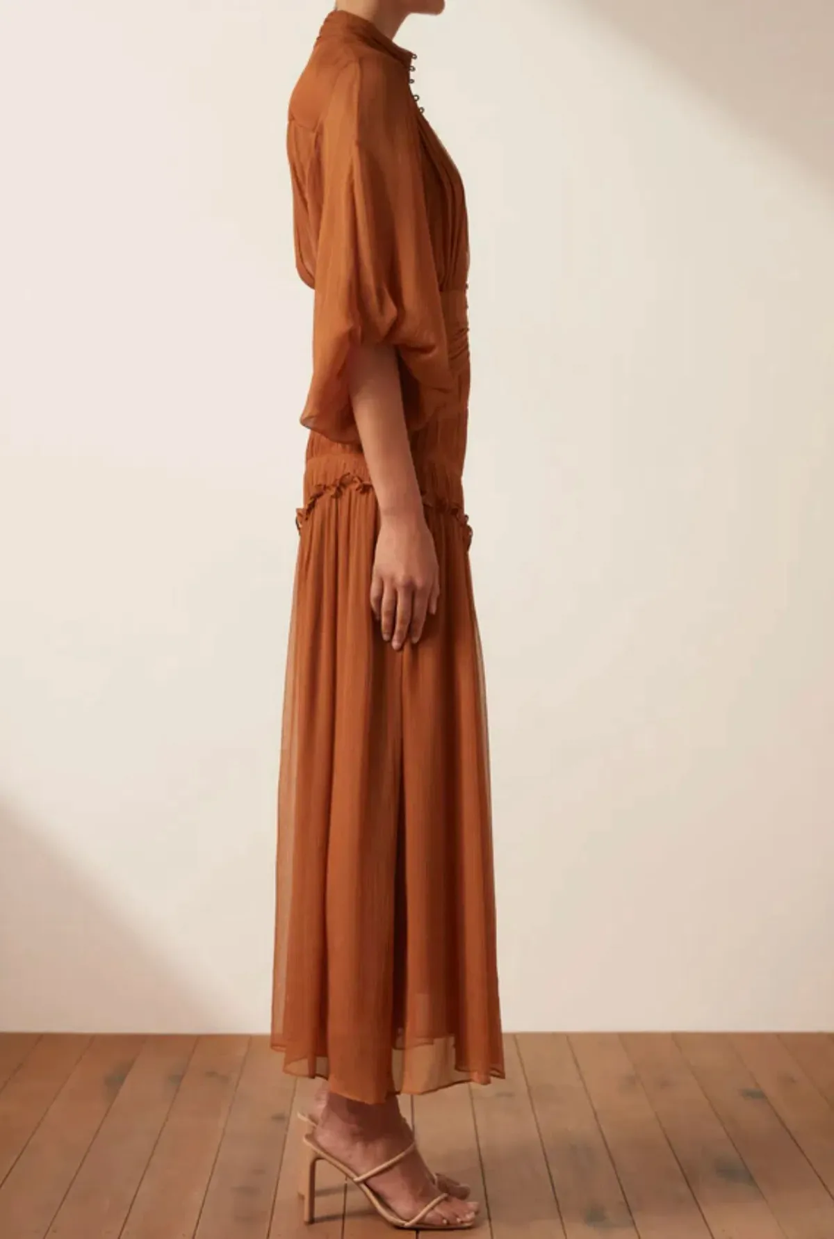 Shona Joy Noemi Button Up Ruched Midi Dress in Siena Brown Size 16 - Image 4