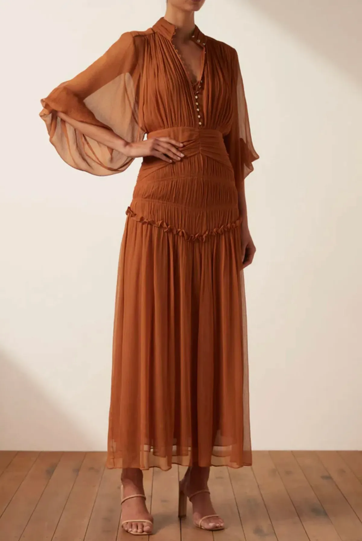 Shona Joy Noemi Button Up Ruched Midi Dress in Siena Brown Size 16 - Image 2