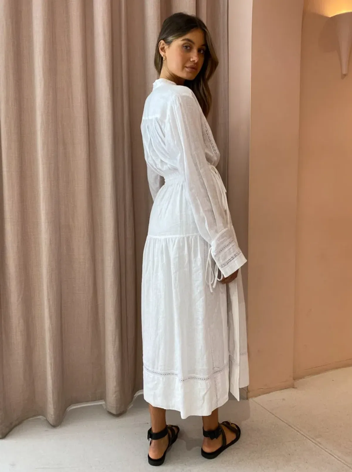 Shona Joy Adriana Linen Long Sleeve Midi Dress in Rice White Size 10 - Image 4