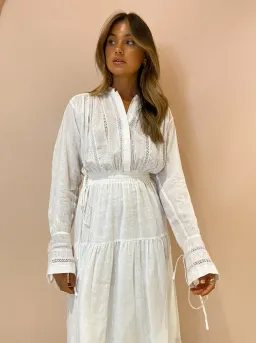 Shona Joy Adriana Linen Long Sleeve Midi Dress in Rice White Size 10 for rent on The Volte - image 2