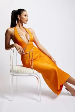 Meshki Lila Diamante Rope Midi Dress in Mandarin Size 12  for rent on The Volte - image 3