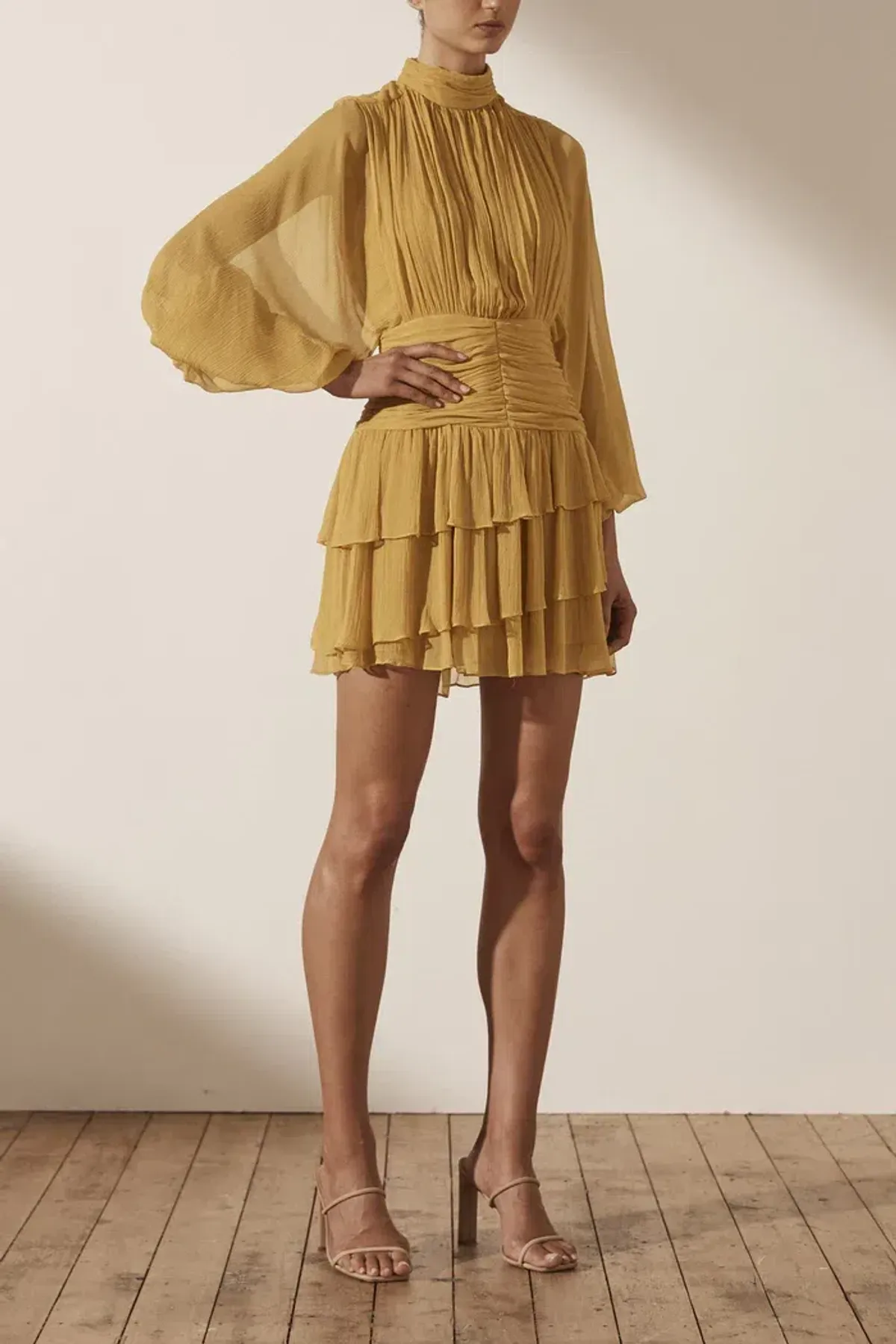 Shona Joy Iris Long Sleeve Ruched Mini Dress Saffron Yellow Size 10 - Image 1