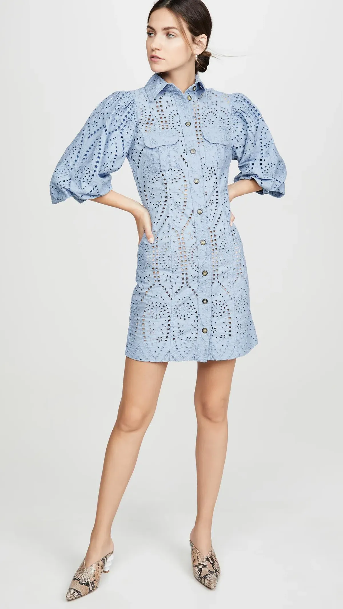Ganni Balloon-Sleeve Broderie Anglaise Mini Shirt Dress Blue Size 8 - Image 1