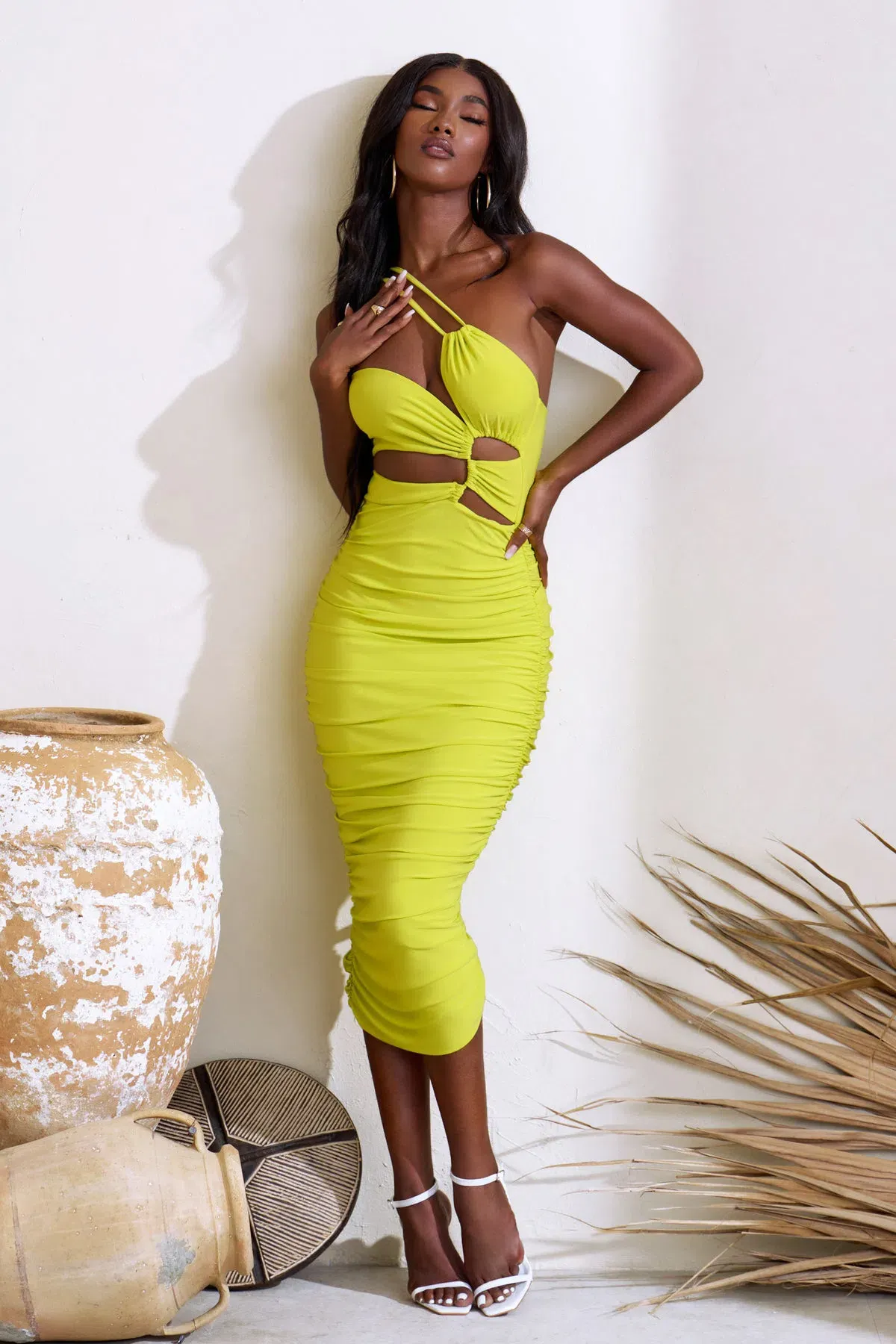 Club L London Midsummer Asymmetric Neck Ruched Midi Dress Lime Green Size 10 - Image 1