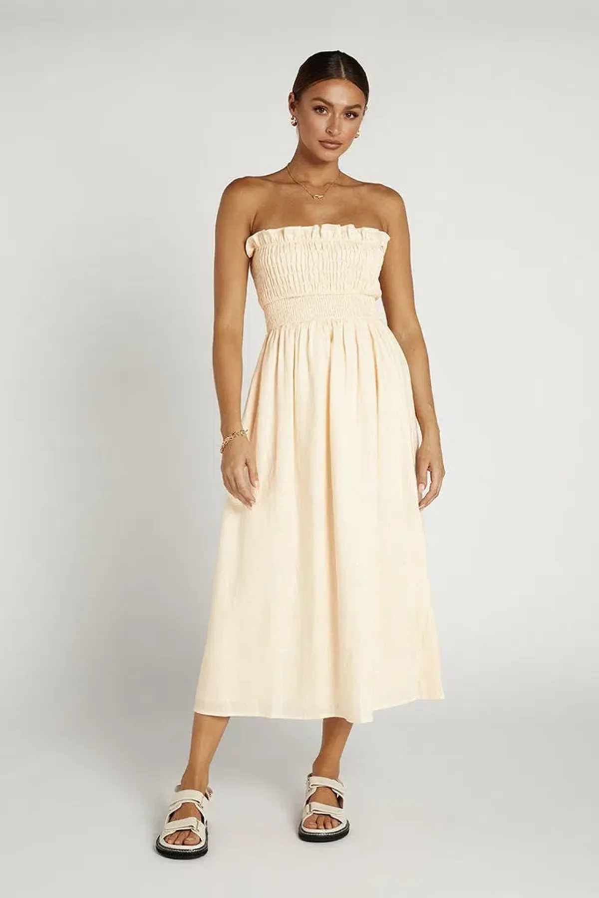 Dissh Thea Cream Shirred Linen Midi Dress Size 8 - Image 1