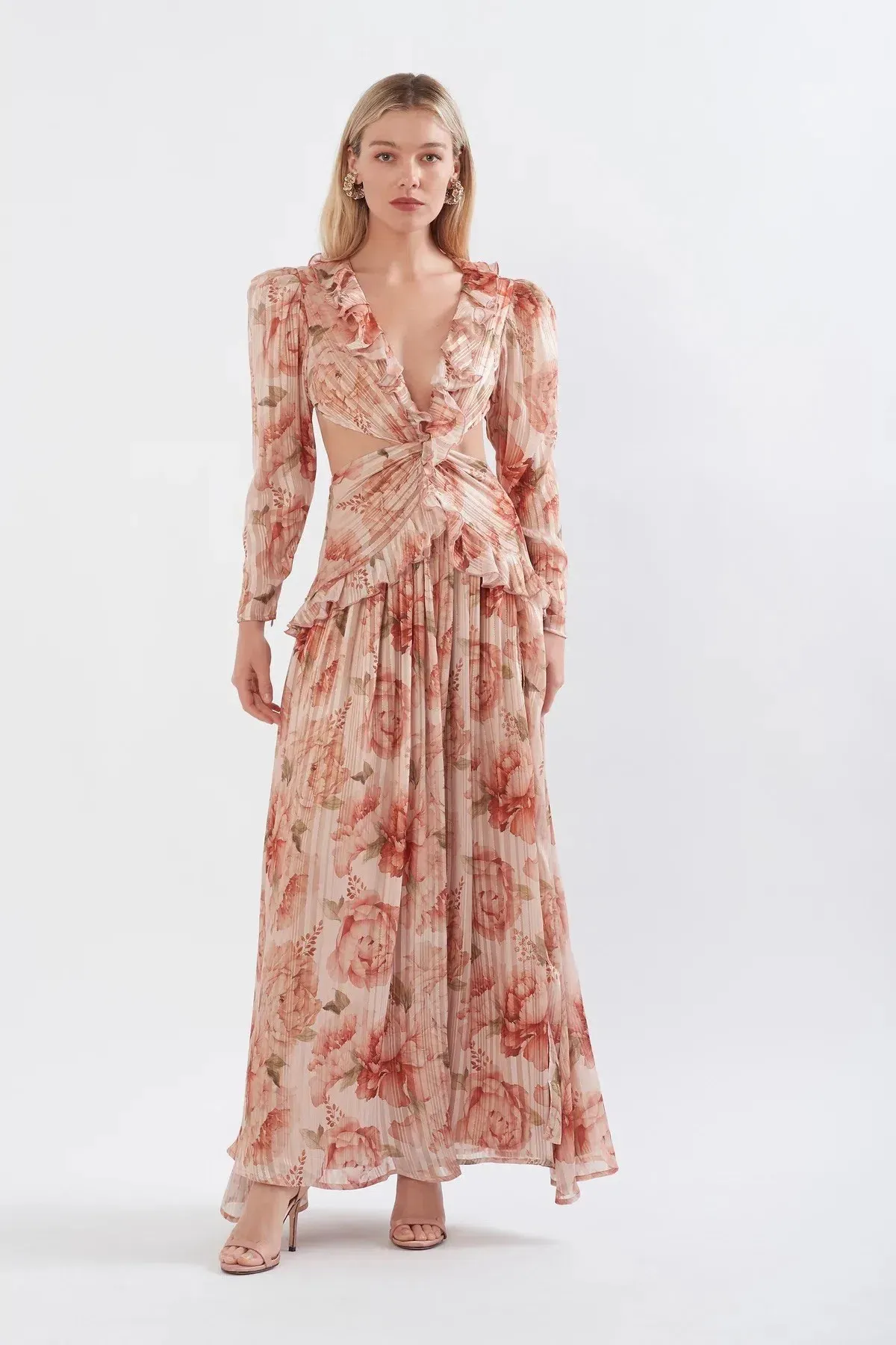 Sonya Moda Ruffle Cutout Maxi Spiced Peonies Print Size 8 - Image 1