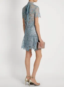 Self Portrait Peep Back Floral Lace Mini Dress Light Blue Size 10 for rent on The Volte - image 4