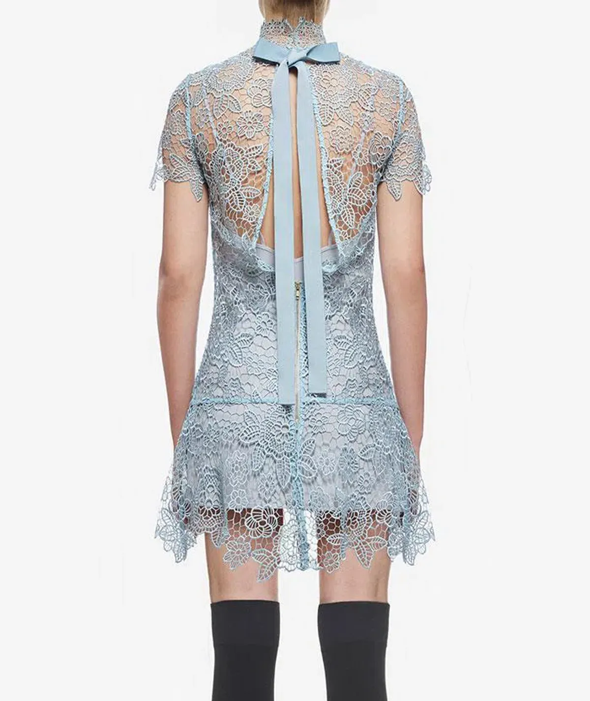 Self Portrait Peep Back Floral Lace Mini Dress Light Blue Size 10 - Image 6