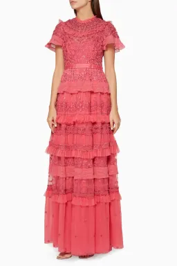 Needle and Thread Iris Ruffled Embroidered Tulle Gown Pink Size 10 for rent on The Volte - image 1