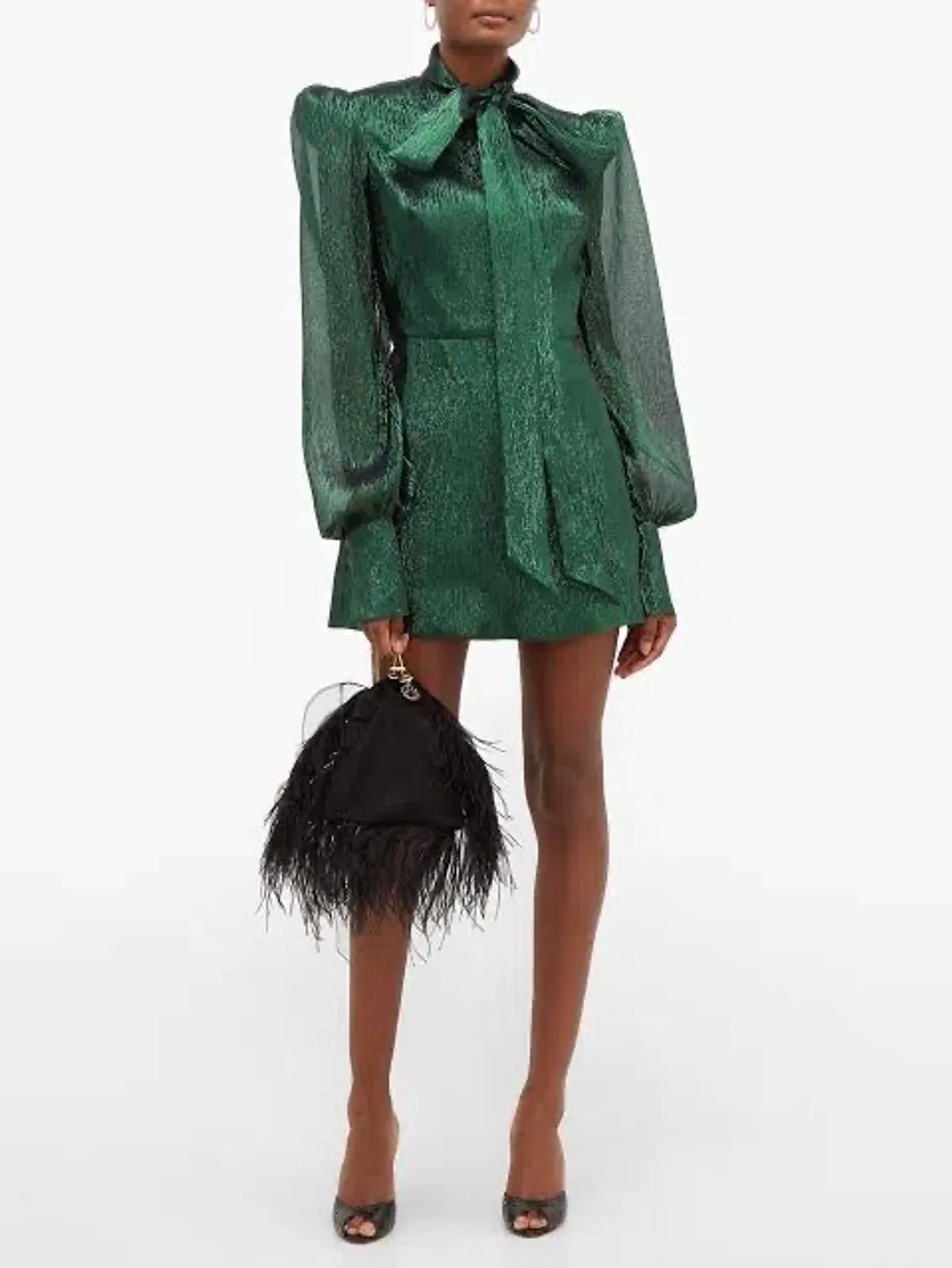 The Vampire's Wife The Pussybow Plissé Silk-Blend Lamé Mini Dress Dark Green Lame Size 10  - Image 1