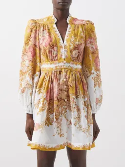 Zimmermann Pattie Plunge Mini Dress Mustard Floral Sz 3/14 for rent on The Volte - image 1