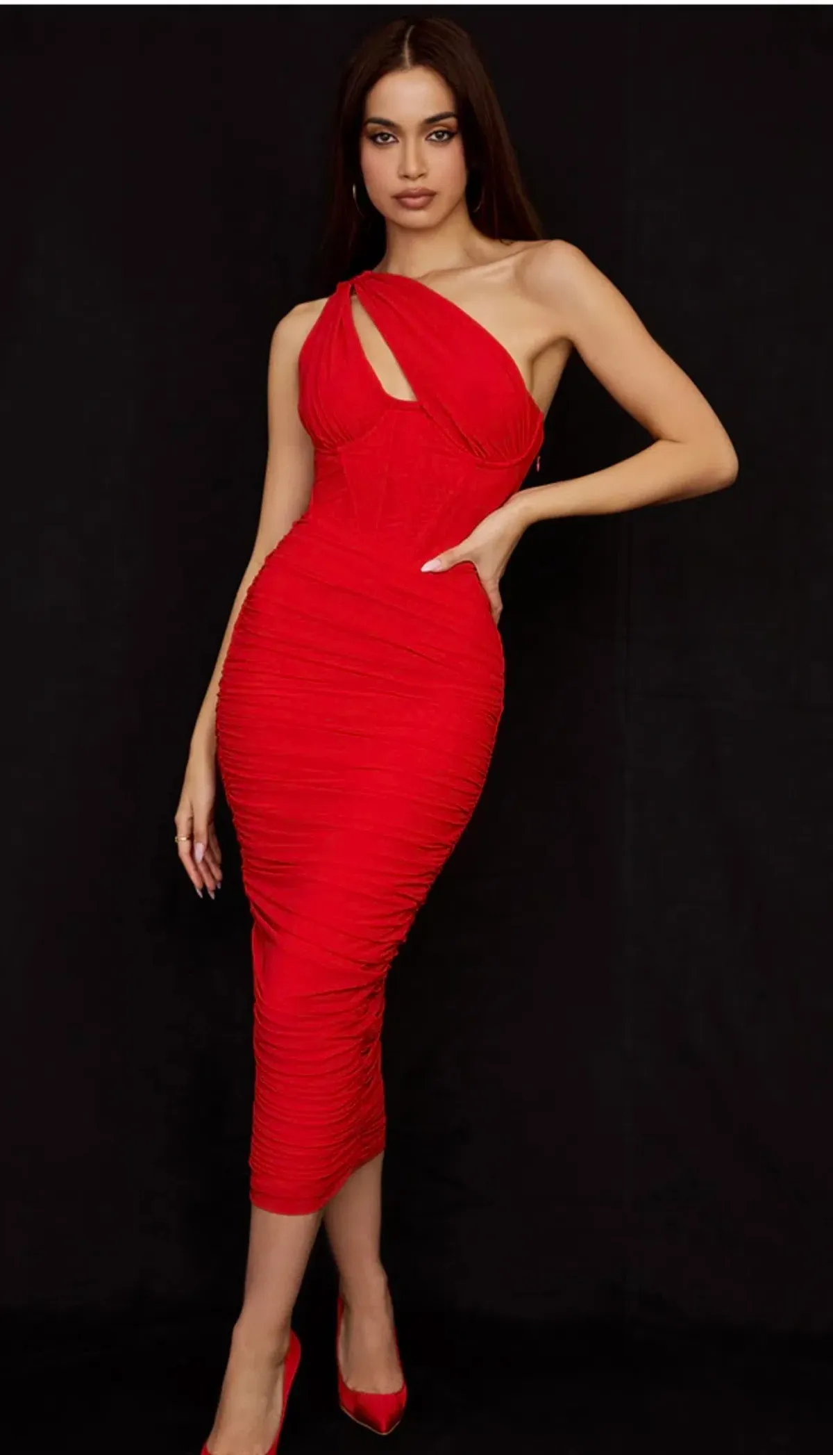 House of CB Valentina Asymmetric Cutout Midi Dress Scarlet Size M / Au 10 - Image 1