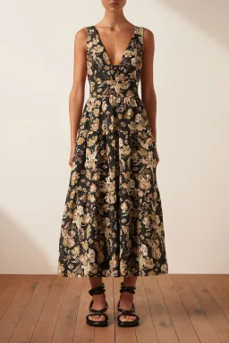 Shona Joy Palermo Linen Plunged Low Back Midi Dress Floral Size 10 for rent on The Volte - image 1