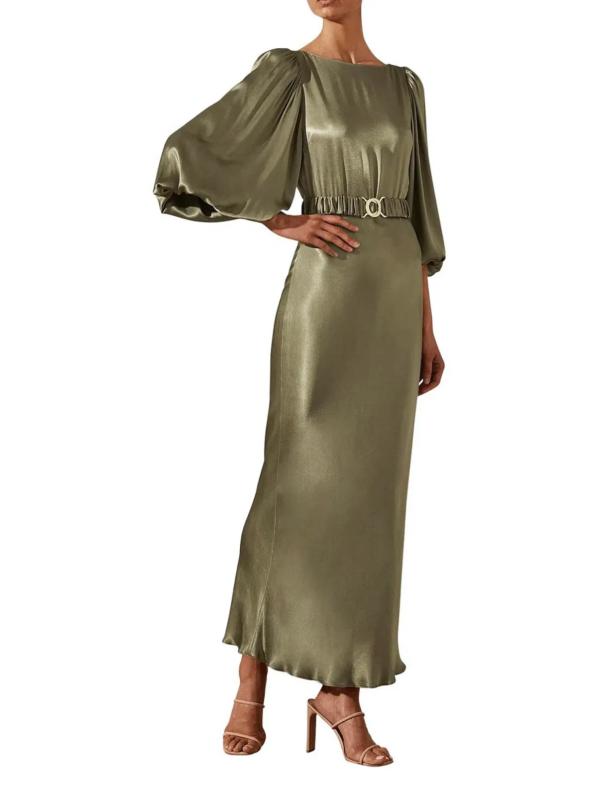 Shona Joy La Lune Balloon Sleeve Midi Dress With Belt in Moss Size 6 / XS - Image 1