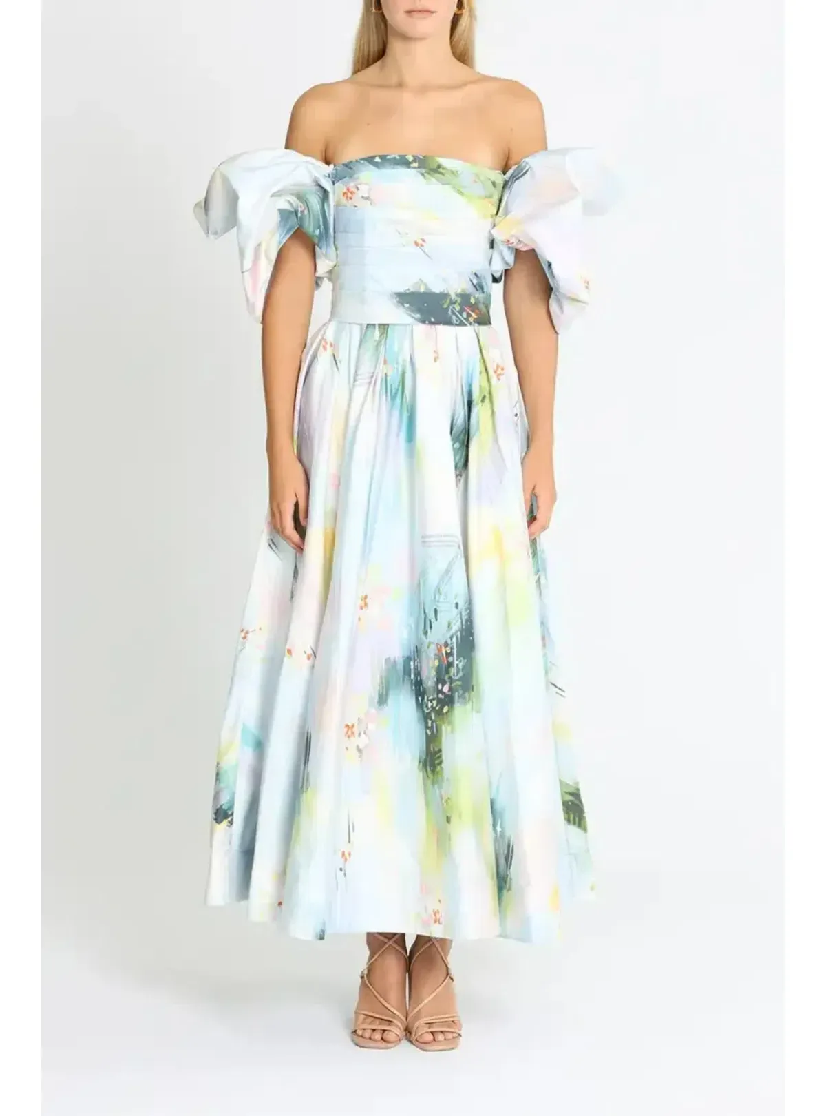 Leo Lin Matilda Puff Sleeve Midi Dress Willow Print Size AU 12 - Image 1