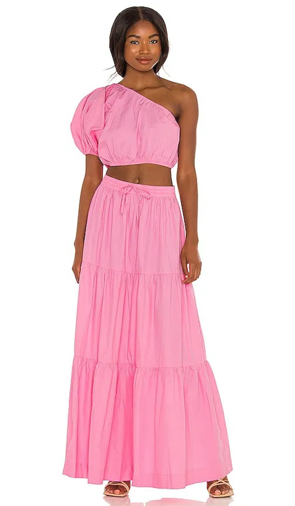SWF One Shoulder Puff Sleeve Crop and Drawstring A-Line Tiered Maxi Skirt Set in Floss Pink Size 10 - Image 2