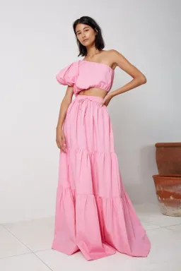 SWF One Shoulder Puff Sleeve Crop and Drawstring A-Line Tiered Maxi Skirt Set in Floss Pink Size 10 for rent on The Volte - image 1
