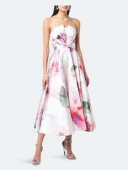 Marchesa Notte Strapless Draped Printed Mikado Pique Tea Length Dress Blush Size 12 for rent on The Volte - image 1