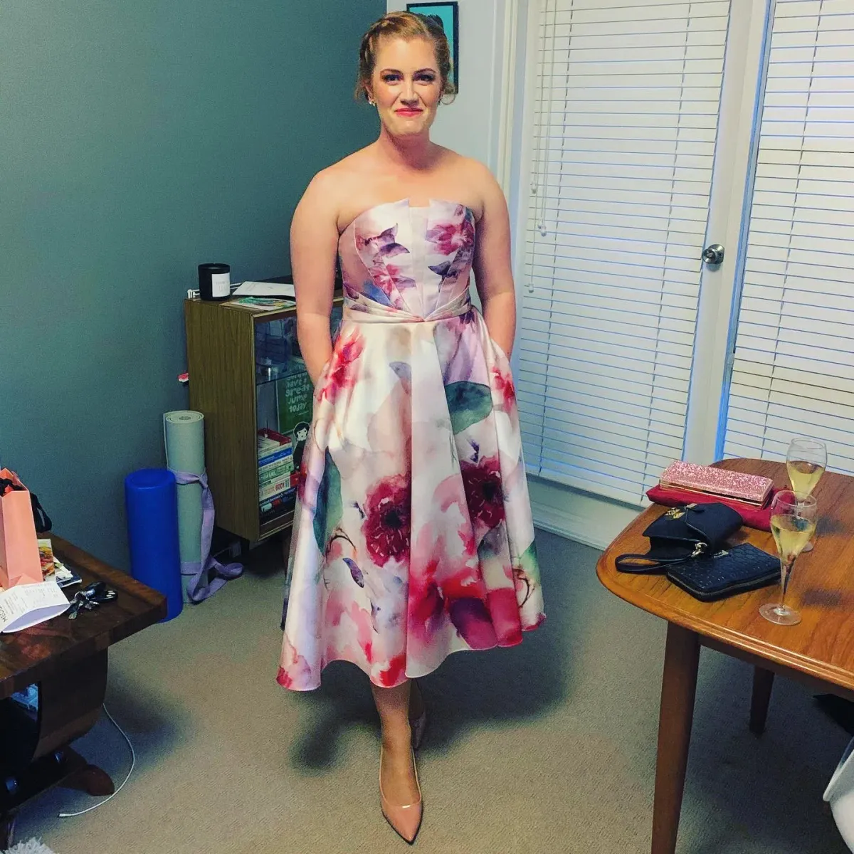 Marchesa Notte Strapless Draped Printed Mikado Pique Tea Length Dress Blush Size 12 - Image 3