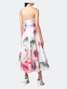 Marchesa Notte Strapless Draped Printed Mikado Pique Tea Length Dress Blush Size 12 for rent on The Volte - image 2