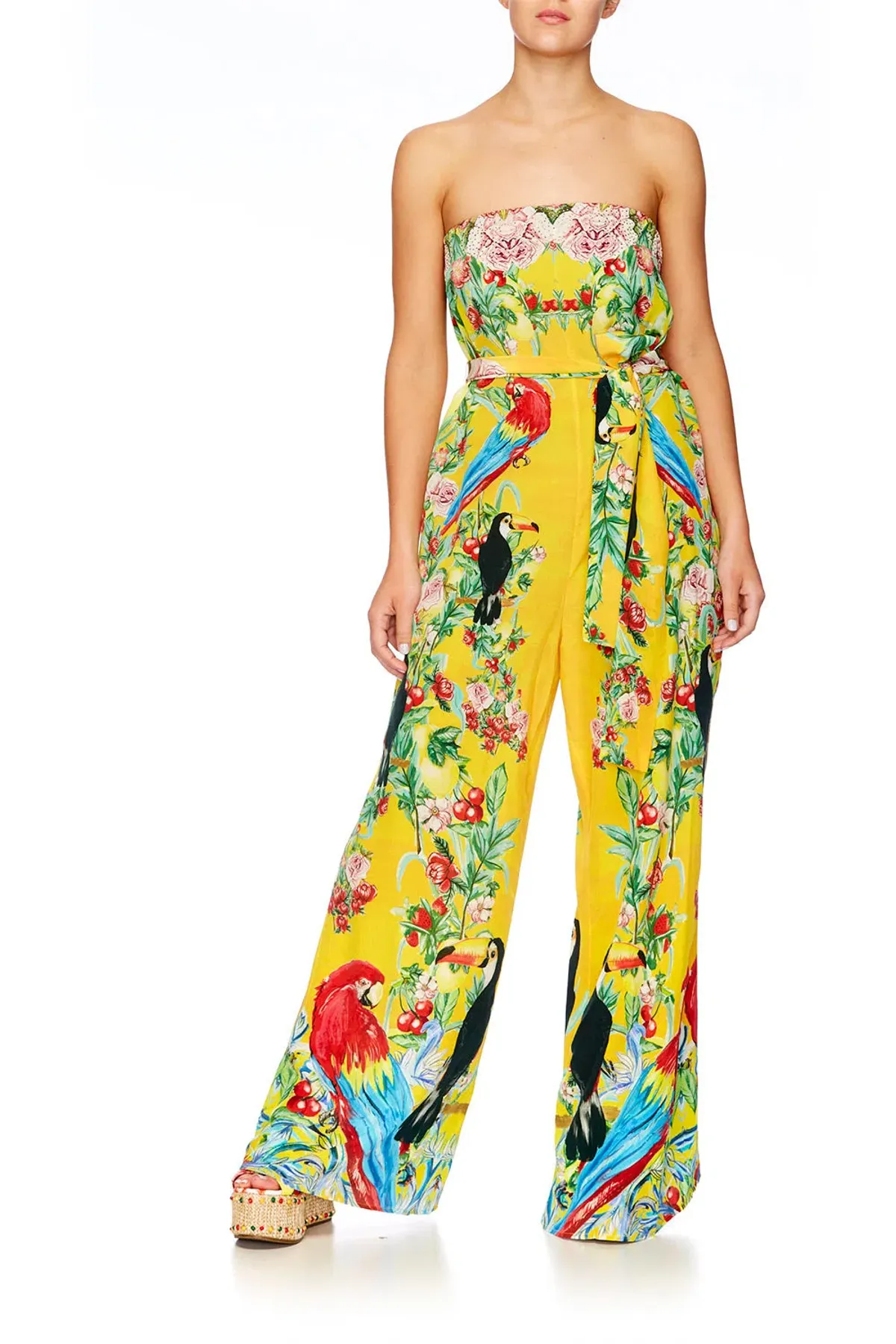 Camilla Tie Waist Strapless Jumpsuit Love Bird Print One Size - Image 1