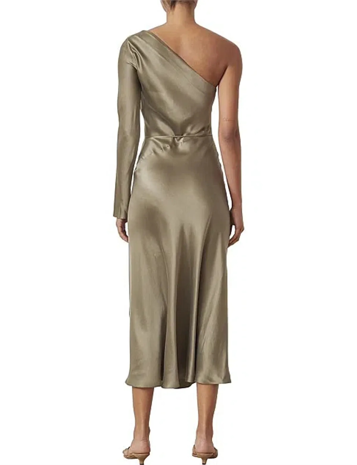 Bec & Bridge Classic Silk Asym Midi Dress Khaki Size 8 - Image 4