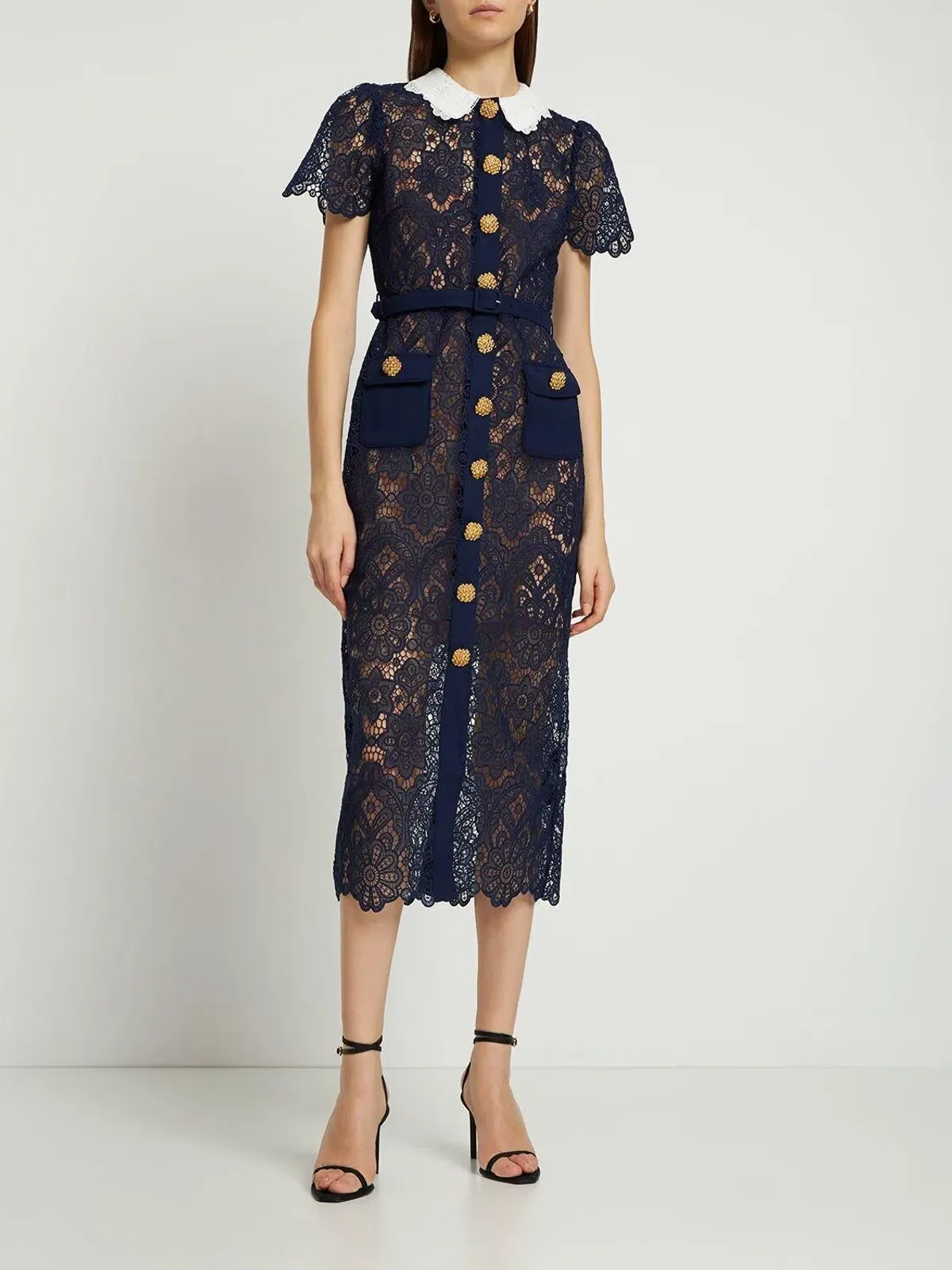 Self Portrait Navy Floral Guipure Midi Dress Navy Size 12 - Image 2