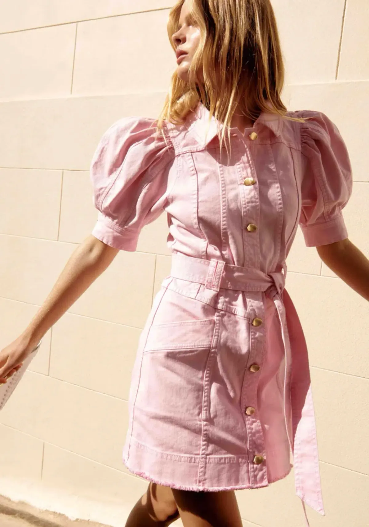 Aje Flora Denim Puff Sleeve Mini Dress Pink Size 8 - Image 3