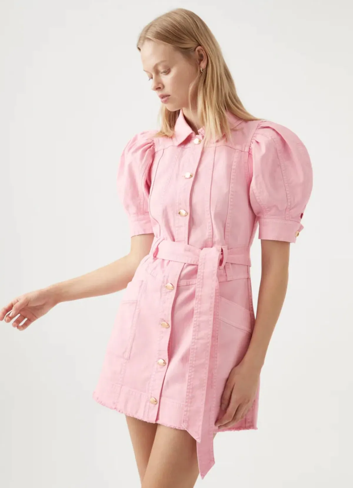 Aje Flora Denim Puff Sleeve Mini Dress Pink Size 8 - Image 4