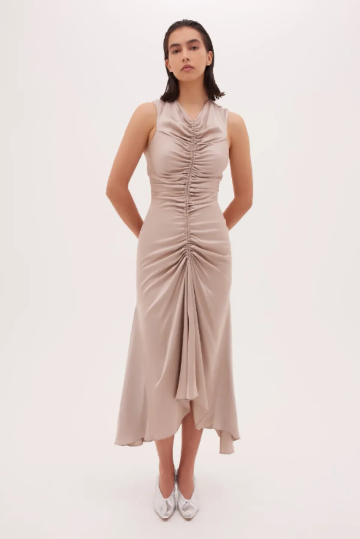 Bianca Spender Sand Satin Meret Dress Nude Size 2/ Au 10 - Image 1