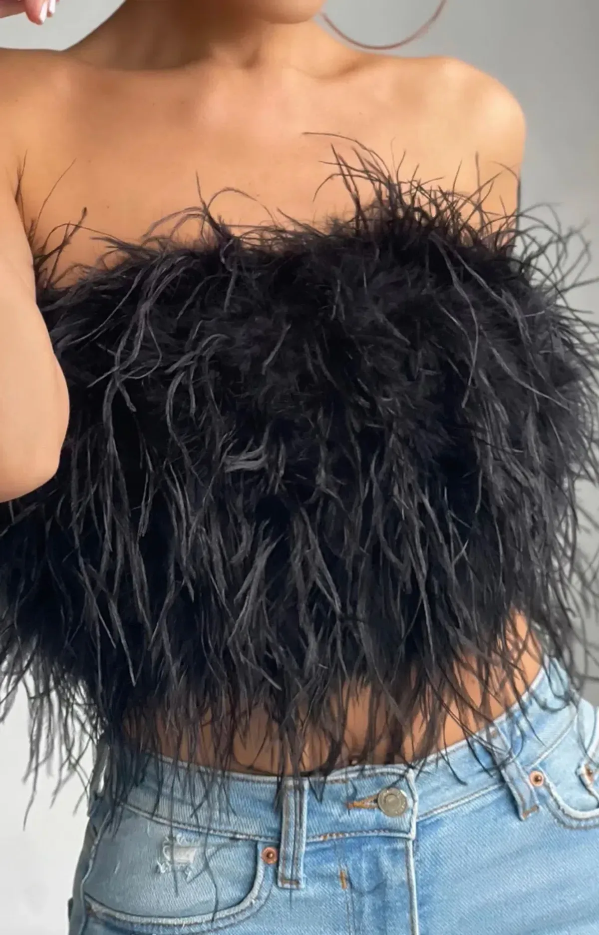 Bardot Ostrich Feather Bandeau Top Black Size 6 - Image 2