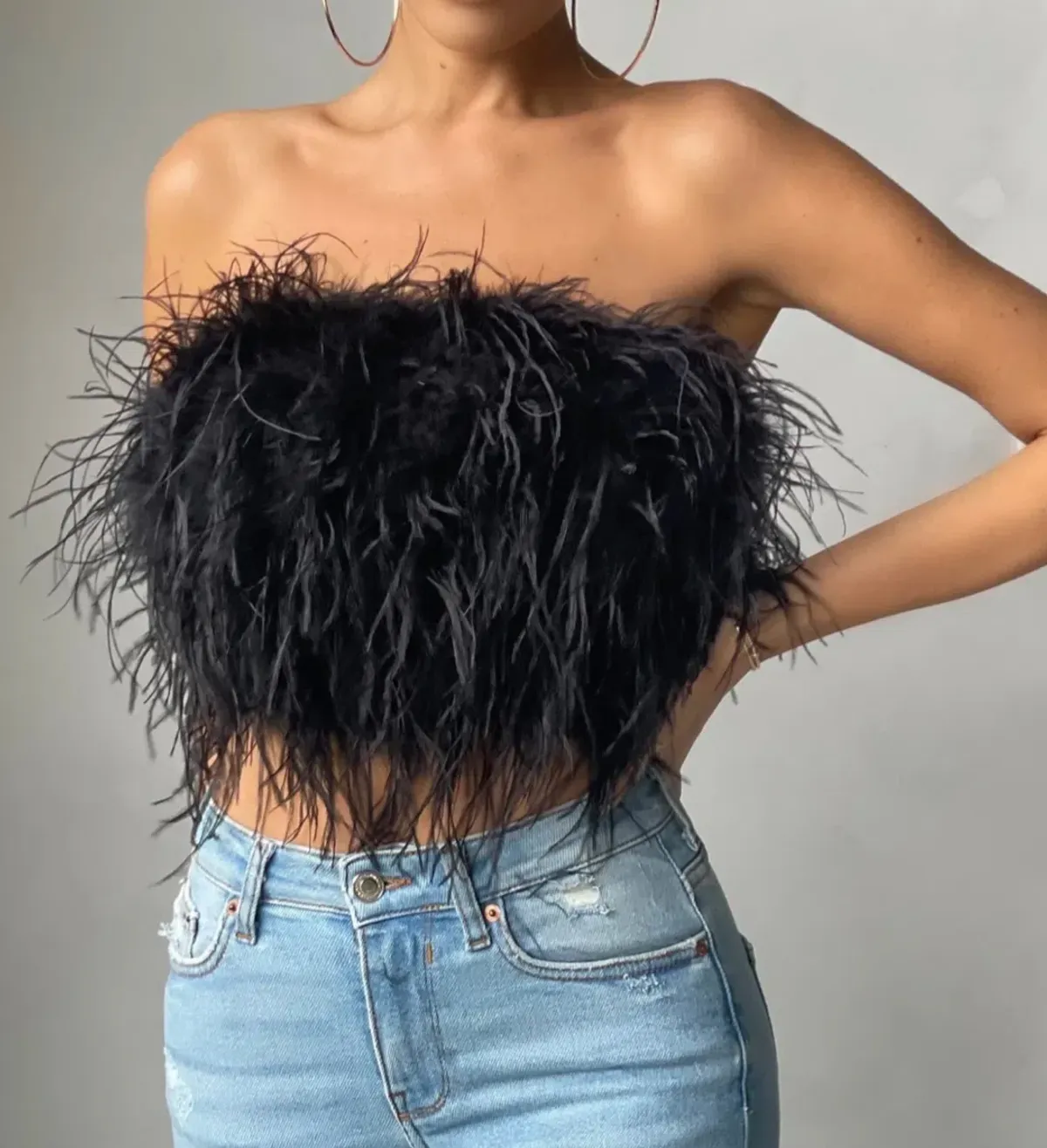Bardot Ostrich Feather Bandeau Top Black Size 6 - Image 1