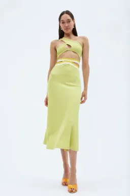 Christopher Esber Looped One Shoulder Rib Crop and Multi Bind Curve Skirt Set in Lime Size 10 for rent on The Volte - image 1