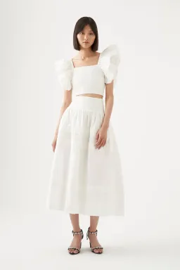 Aje Corinne Knit Bodice Crop Top and Rosalie Knit Waist Midi Skirt Set White Size 16 / 2XL for rent on The Volte - image 1