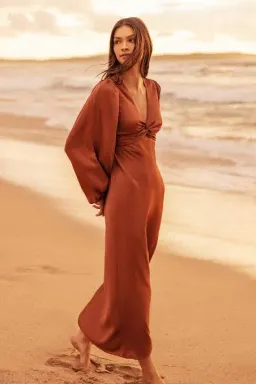 Shona Joy Luxe Twist Front Balloon Sleeve Midi Dress Brown Size 6 / XS for rent on The Volte - image 5