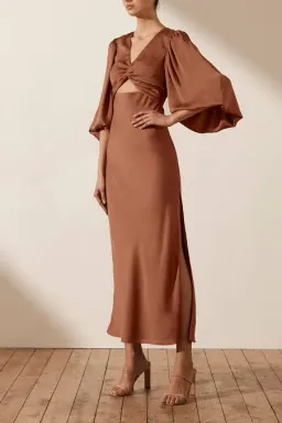 Shona Joy Luxe Twist Front Balloon Sleeve Midi Dress Brown Size 6 / XS for rent on The Volte - image 1