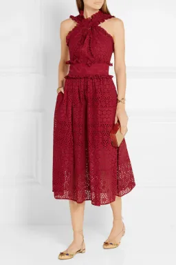 Oscar De La Renta Eyelet Broderie Anglaise Cotton Midi Dress Red Size 8/AU 12 for rent on The Volte - image 1