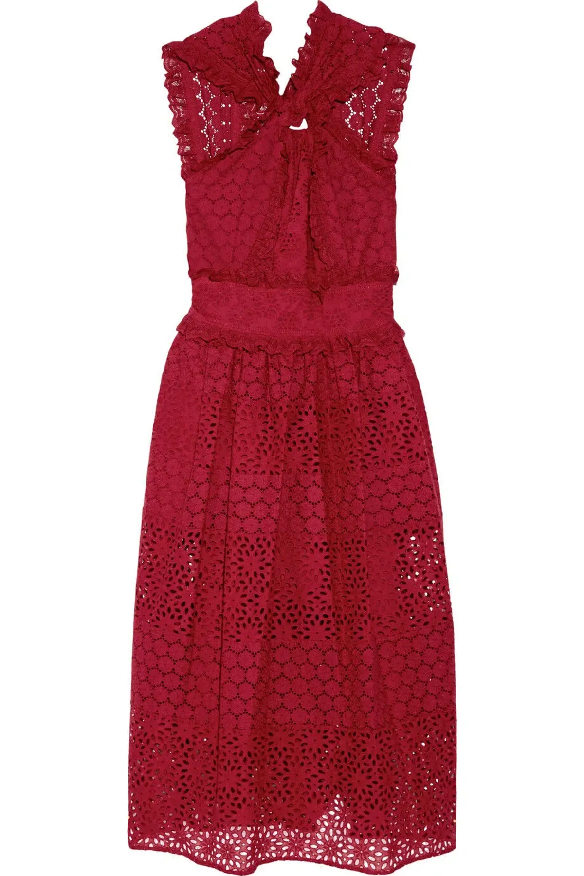 Oscar De La Renta Eyelet Broderie Anglaise Cotton Midi Dress Red Size 8/AU 12 - Image 3
