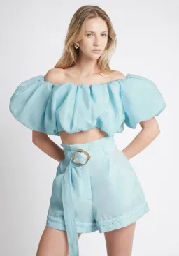 Aje Riviera Off Shoulder Tube Silk Top Size 6 and Braided Silk Short Size 10 Set Ice Blue for rent on The Volte - image 2