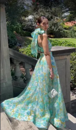 Zimmermann High Tide Twist Crop Bodice & Maxi Skirt Set Aqua Ikat Floral  Size 0P/ AU 6 for rent on The Volte - image 2