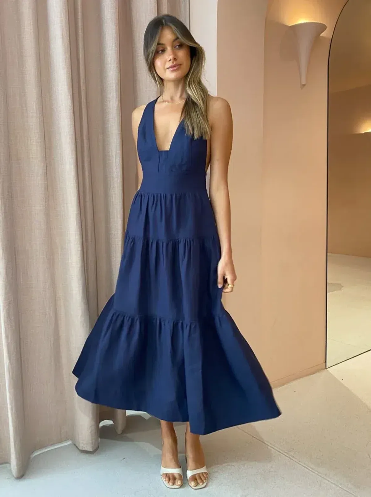 Shona Joy Ligia Linen Plunged Cross back Midi Dress Navy Size 8 - Image 3