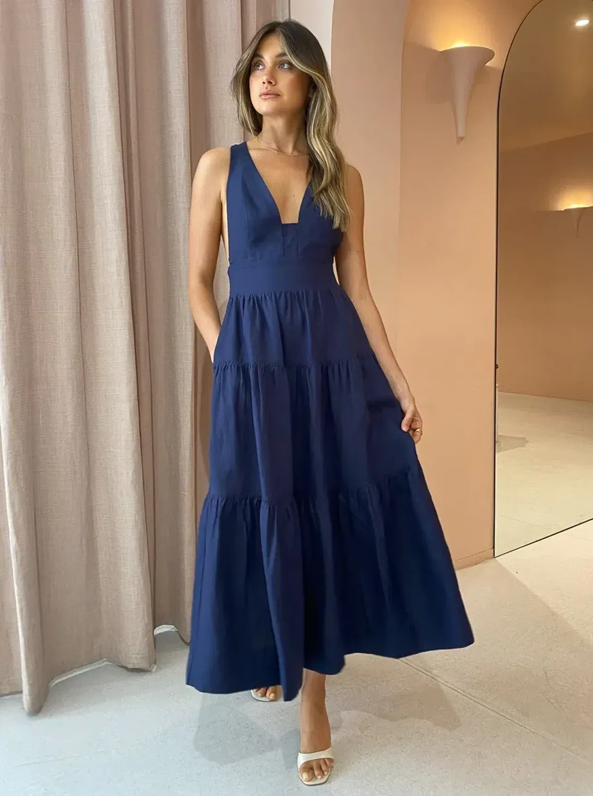 Shona Joy Ligia Linen Plunged Cross back Midi Dress Navy Size 8 - Image 1