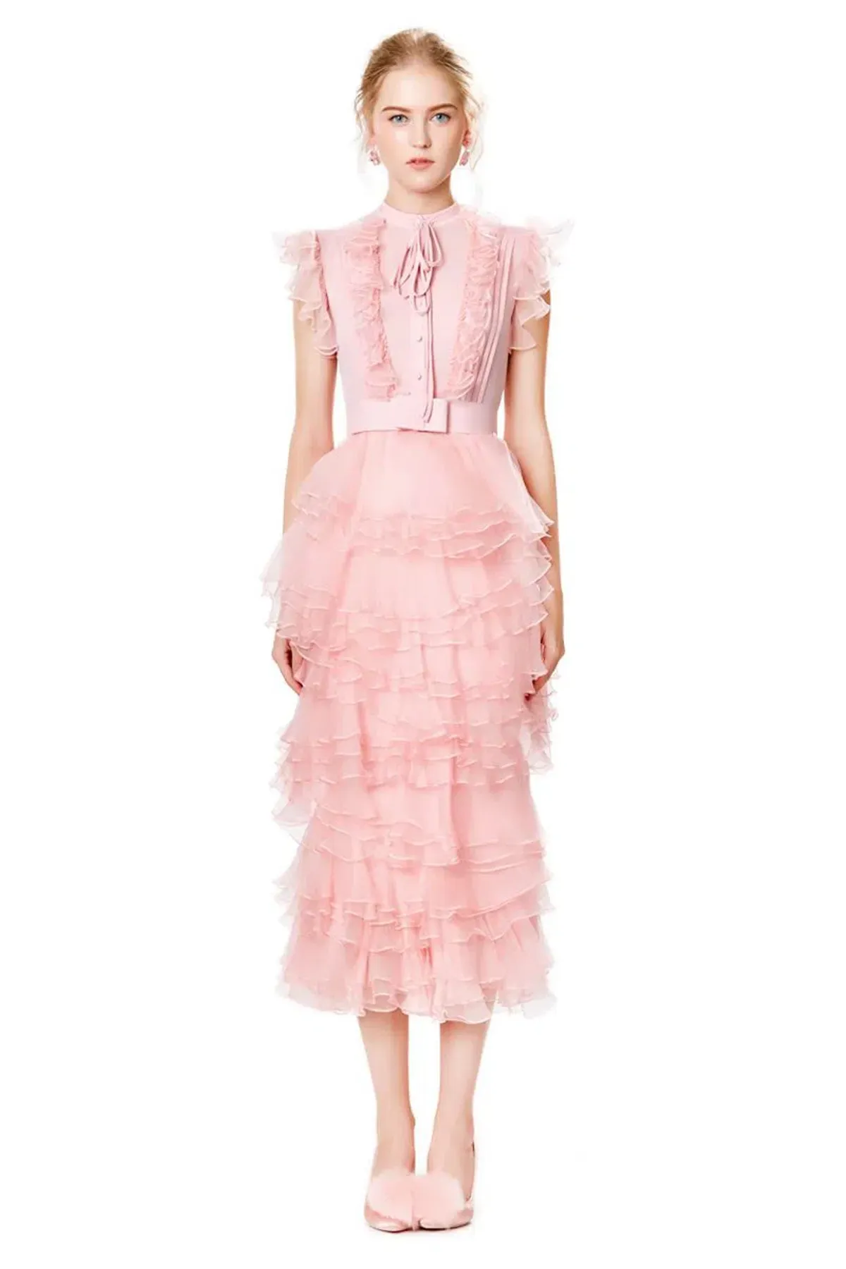 Ivan Young Silk Ruffles Tiered Midi Dress Pink Size 8 - Image 1