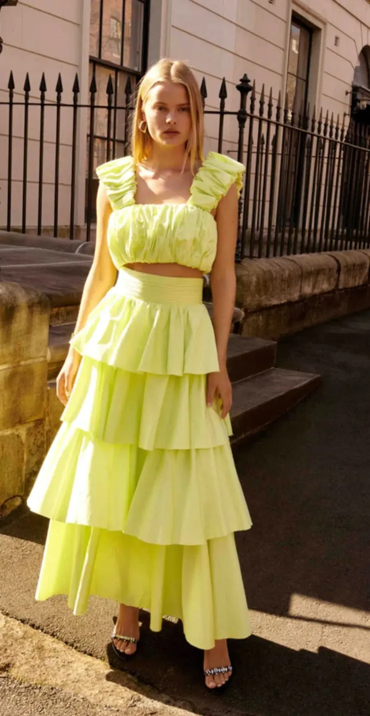 Aje Medina Ruched Cropped Top Size 14 and Tiered Midi Skirt Size 16 Set Light Lemon - Image 1