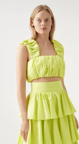Aje Medina Ruched Cropped Top Size 14 and Tiered Midi Skirt Size 16 Set Light Lemon for rent on The Volte - image 2