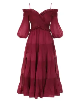 Zimmerman Pleated Off Shoulder Midi Dress in Berry Red Size 0 / AU 8 for rent on The Volte - image 3
