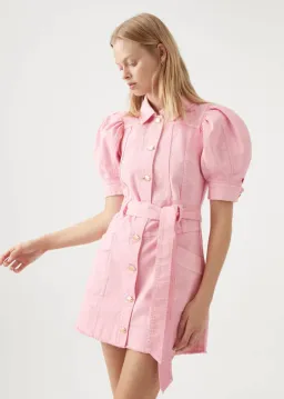 AJE Flora Denim Puff Sleeve Mini Dress Bon Bon Pink Size 14 for rent on The Volte - image 4